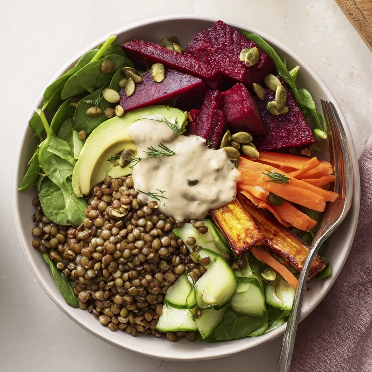 Bunter Lentil- und Rote-Bete-Power-Bowl mit frischen Gemüsen und tahinibasiertem Dressing.