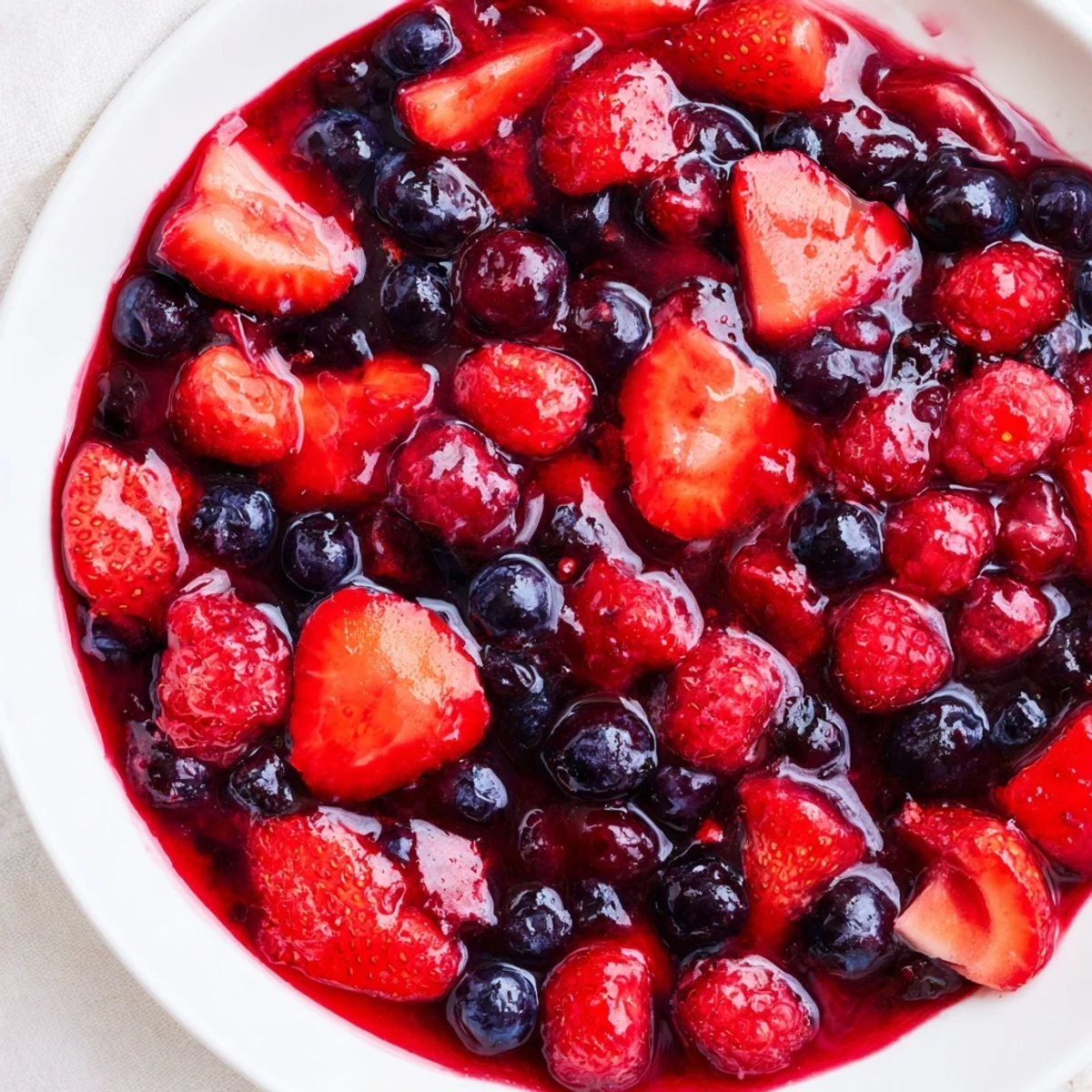 Leckerer Beerencoupage aus frischen Erdbeeren, Himbeeren und Blaubeeren, perfekt für Joghurt.