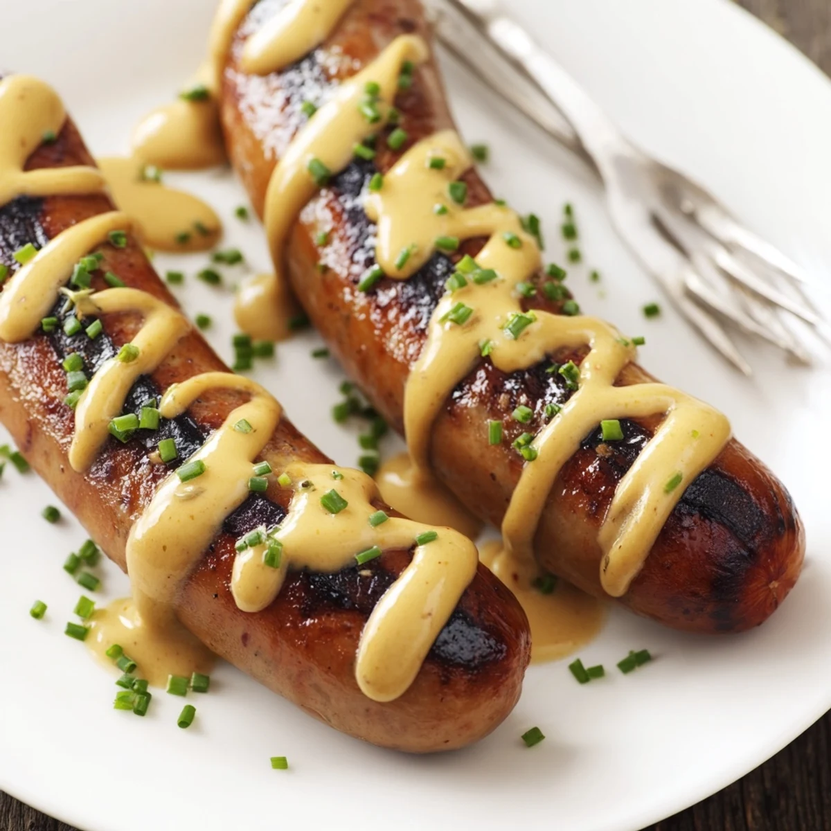 Grillierte Bratwurst mit einer würzigen Senfsauce, ideal für gesellige Abende.  