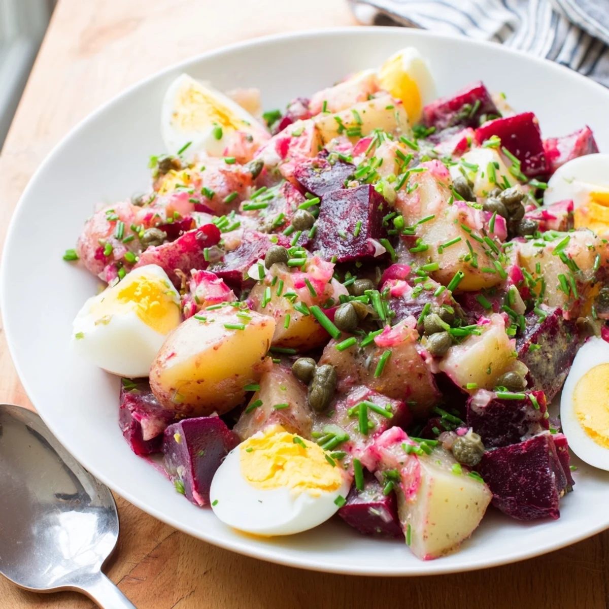 Lebendige Farben im deutschen Kartoffel- und Rote-Bete-Salat mit cremigem Dressing.  