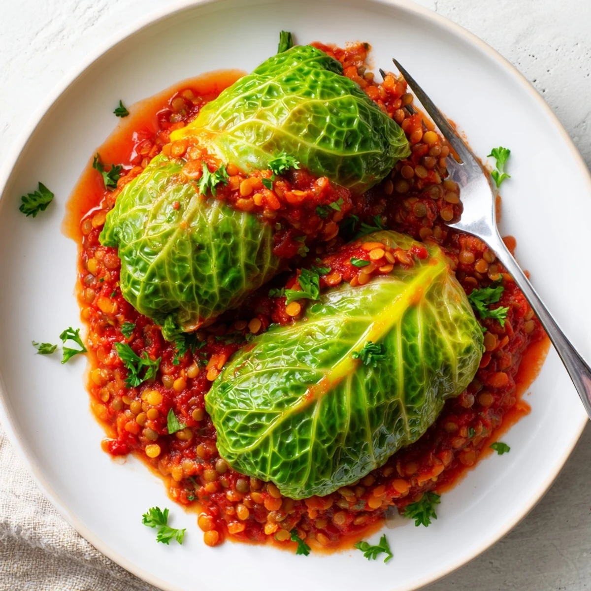 Zarte Kohlblätter gefüllt mit aromatischen gewürzten Linsen in einer würzigen Tomatensauce.