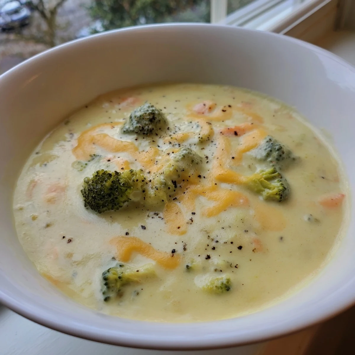 A steaming bowl of Creamy Broccoli and Cheese Soup, garnished with fresh pepper for extra taste.