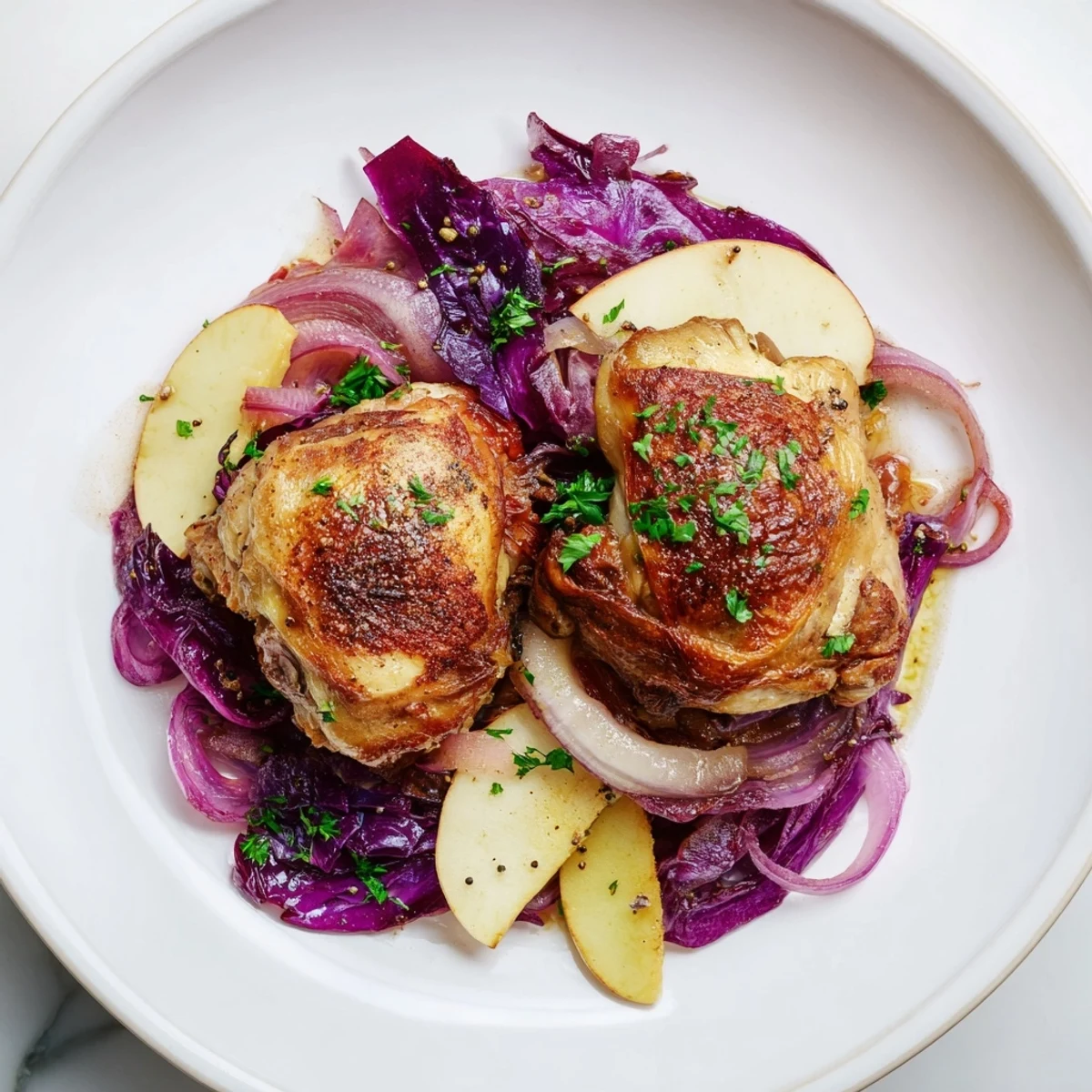Tender Budget Oktoberfest Chicken and Red Cabbage Bake with golden chicken and colorful vegetables.