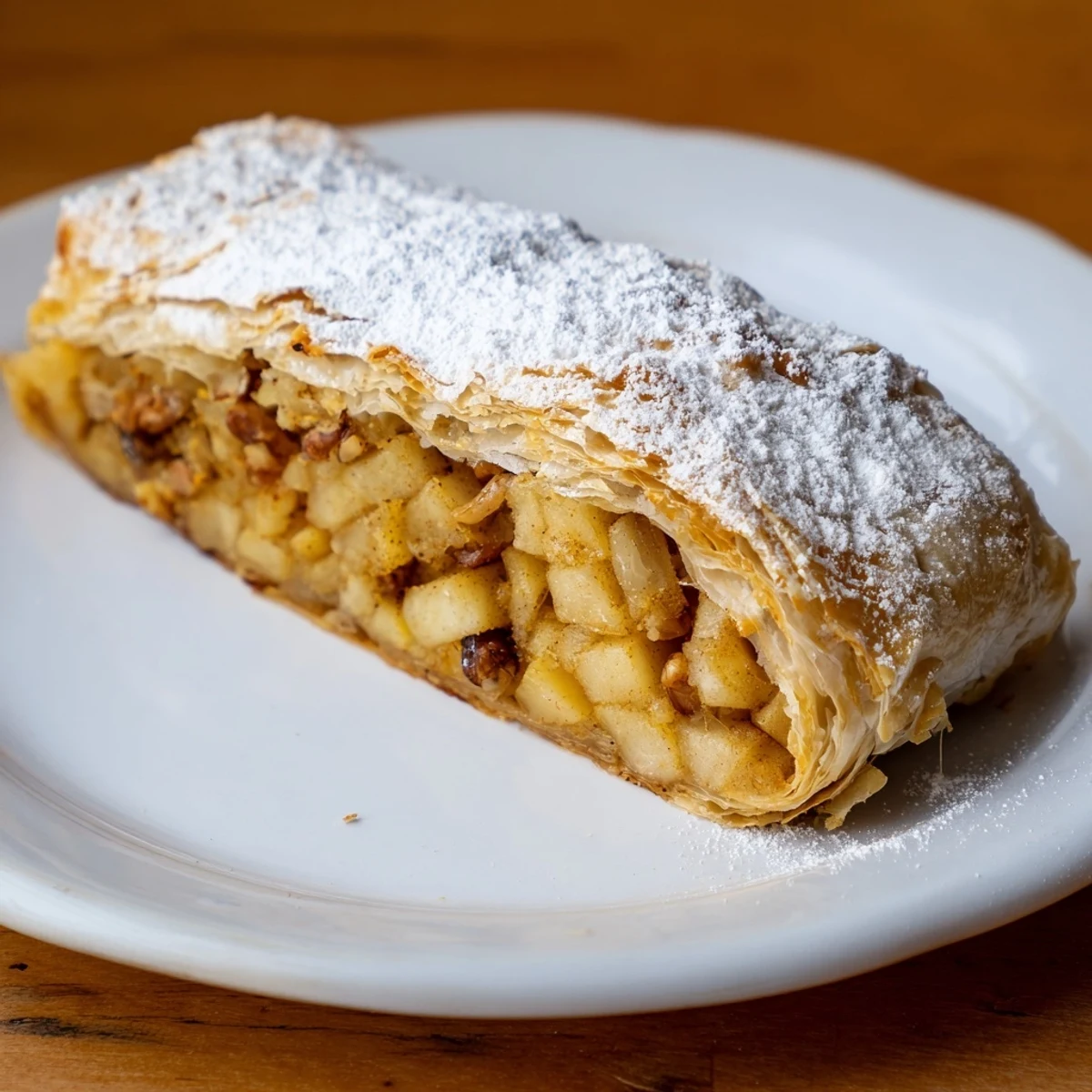 Golden-brown oven-baked apple strudel rolls, a delicious dessert with flaky pastry and cinnamon apples.