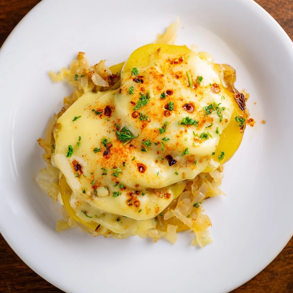 A bubbling Effortless Sauerkraut Casserole with melted cheese, perfect for a comforting dinner.