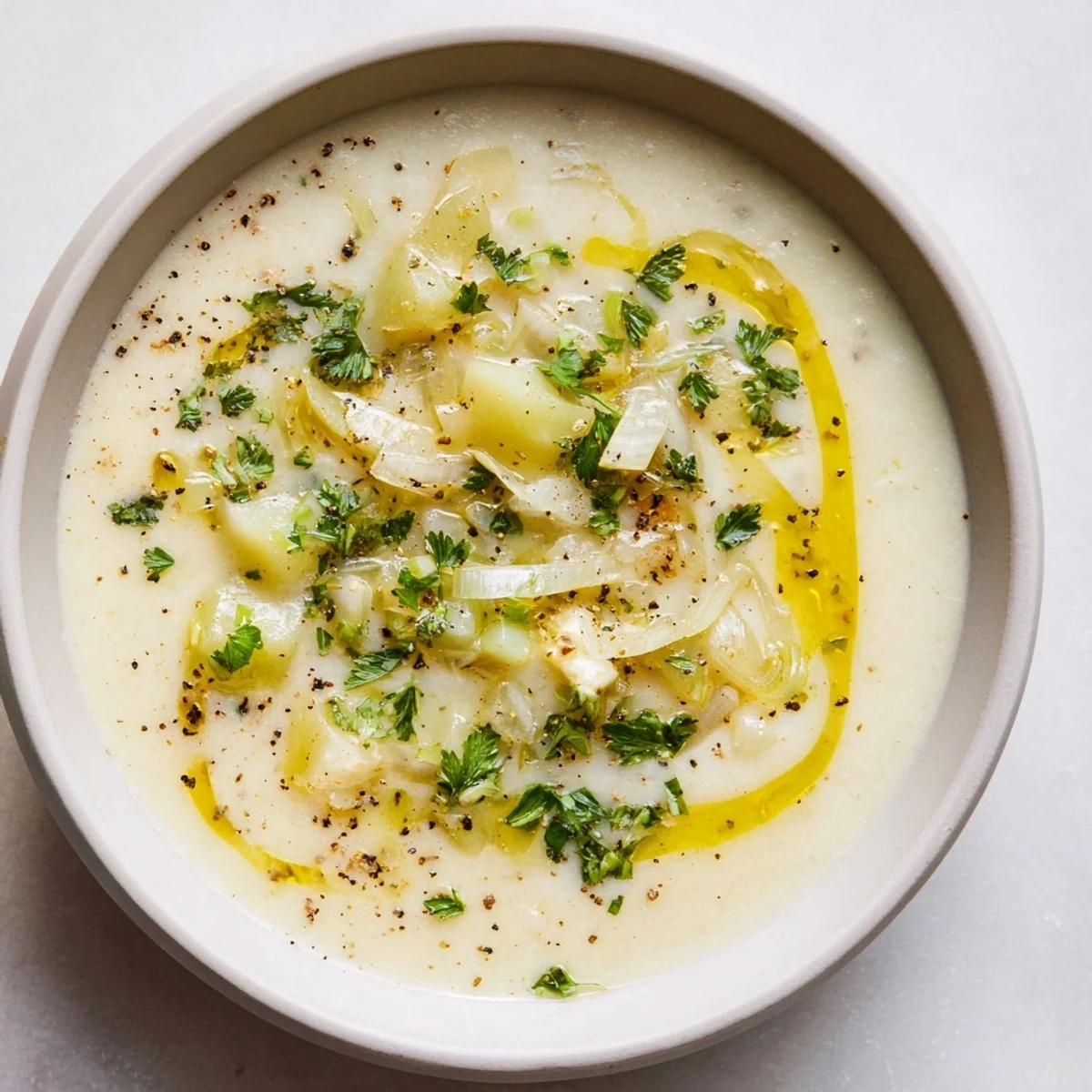Enjoy a steaming bowl of Creamy Garlic Potato Soup, the perfect easy weeknight dinner with crusty bread.