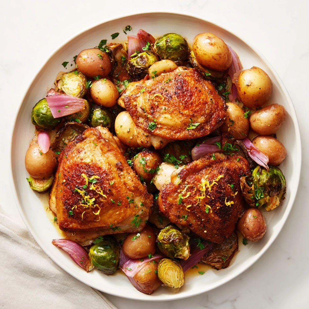 Flavorful one-pan chicken recipe, with roasted vegetables and crispy potatoes, perfect for dinner.
