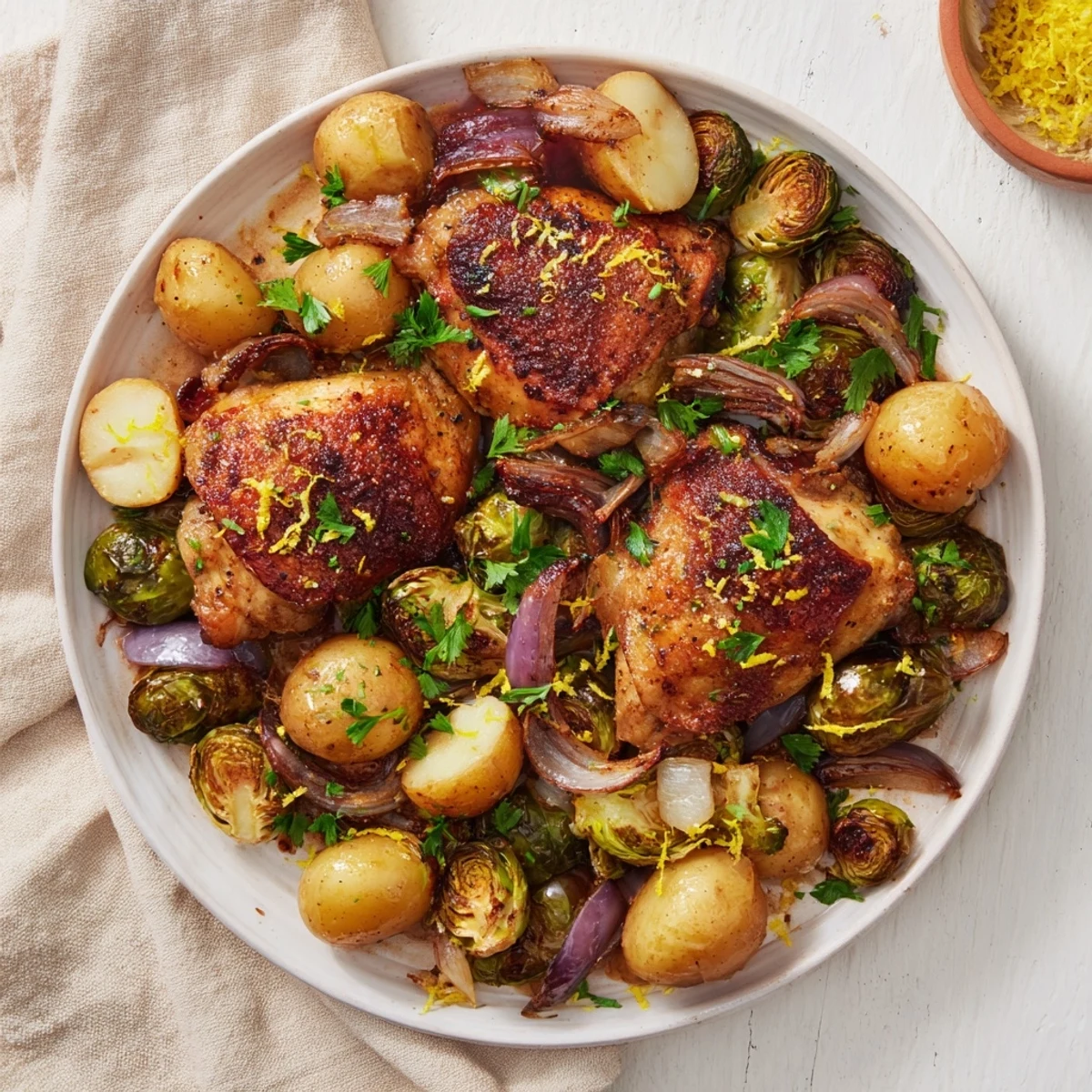 Close-up of a rustic one-pan chicken with potatoes and Brussels sprouts, fragrant herbs visible.