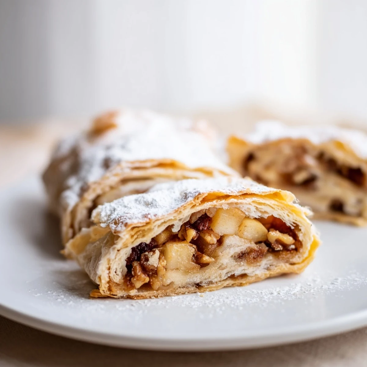 A close-up of a freshly baked Apple Strudel, dusted with powdered sugar, ready to serve.
