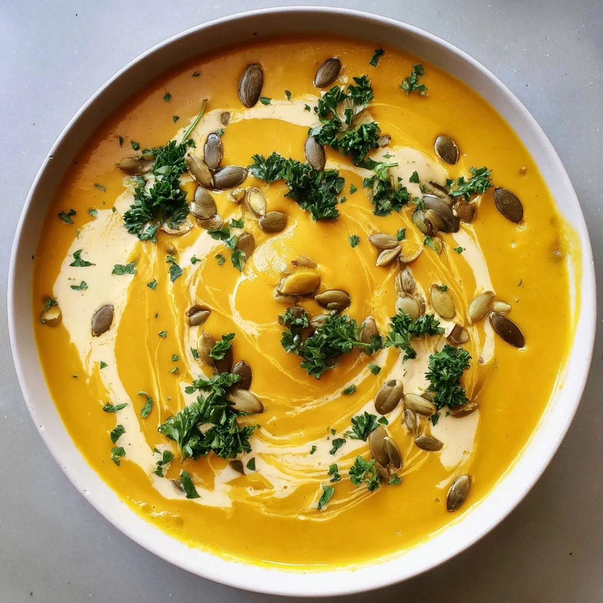 Creamy pumpkin soup with crusty bread, garnished with parsley, ready to eat this Autumn.
