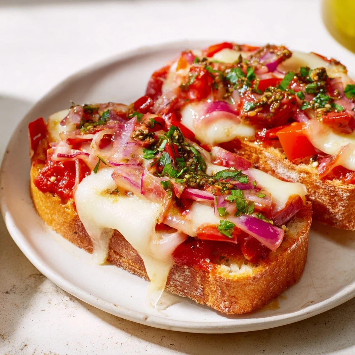 Delicious homemade Brötchen pizza, featuring melted mozzarella, ham, and fresh herbs, ready to enjoy.