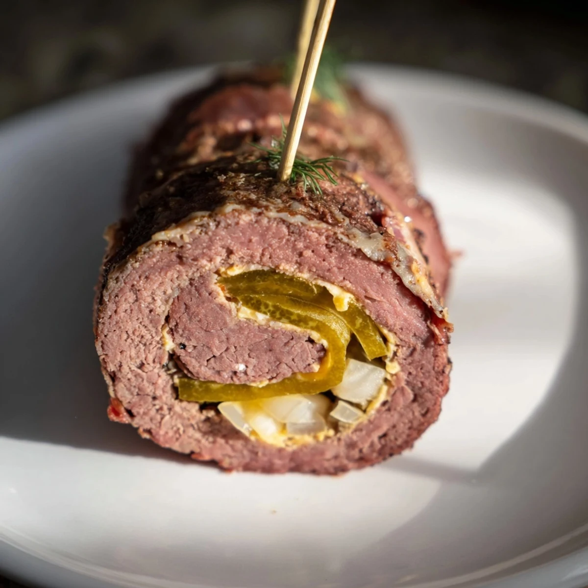 Mini Rouladen appetizers with visible crispy bacon and tangy mustard, ready to be enjoyed.