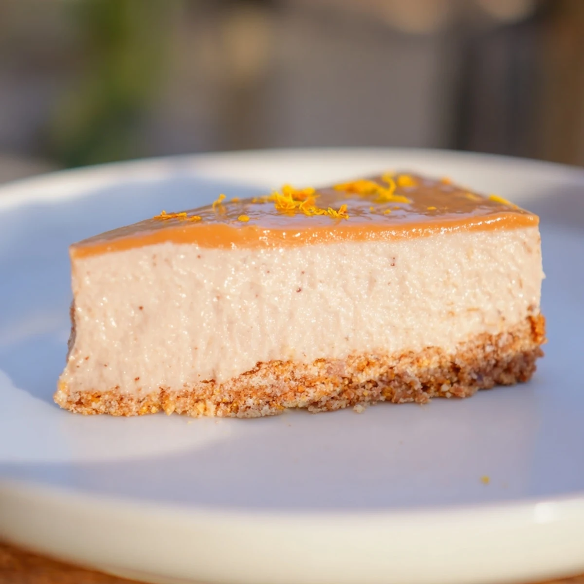 A slice of the festive Lebkuchen Cheesecake with a creamy cinnamon frosting, a delicious holiday dessert.