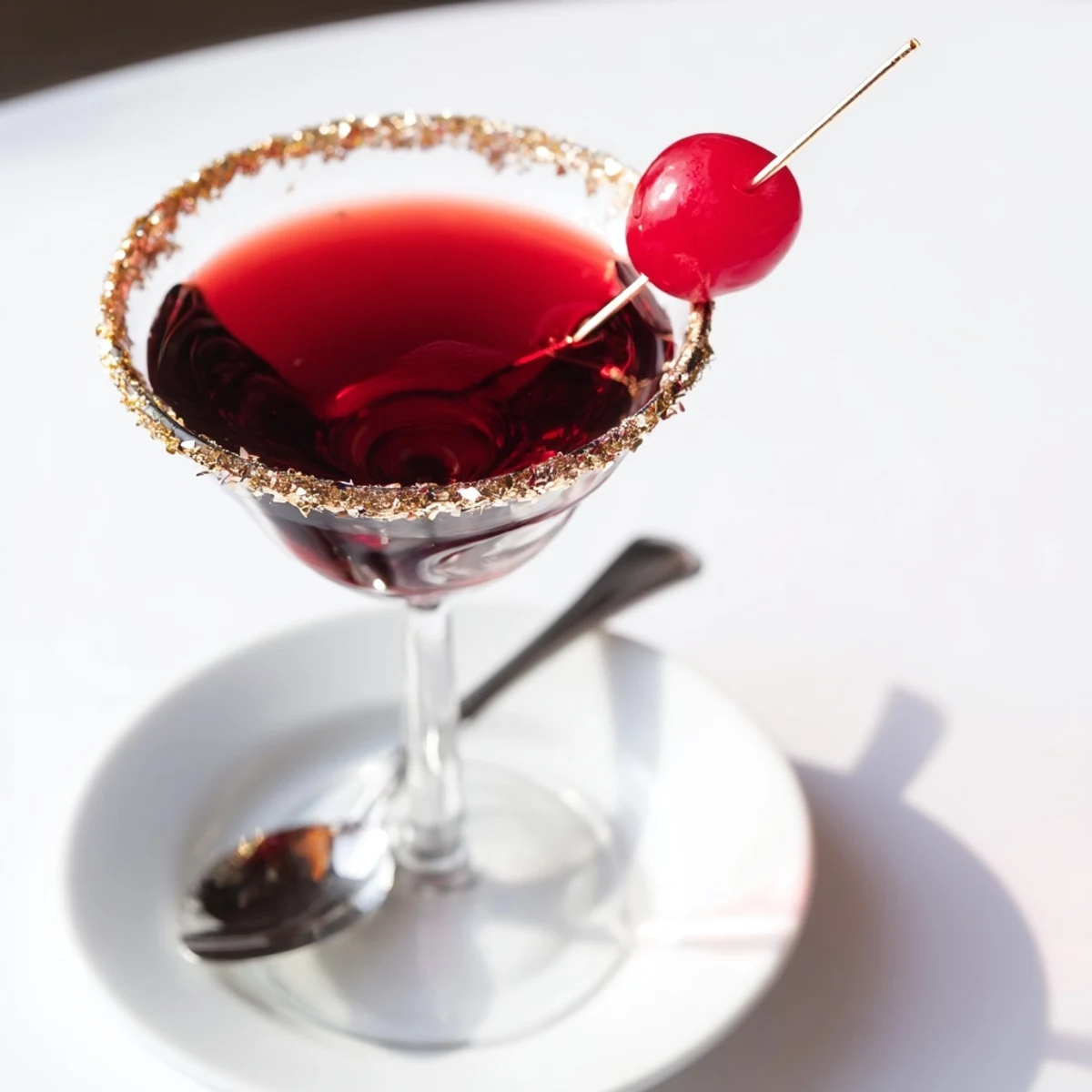 A gold-rimmed Rococo Kirsch Martini, ruby-red with a maraschino cherry garnish, looks celebratory.