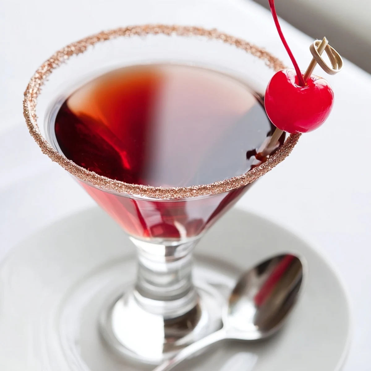 This elegant Rococo Kirsch Martini features a shimmering gold rim, perfect for a special toast.