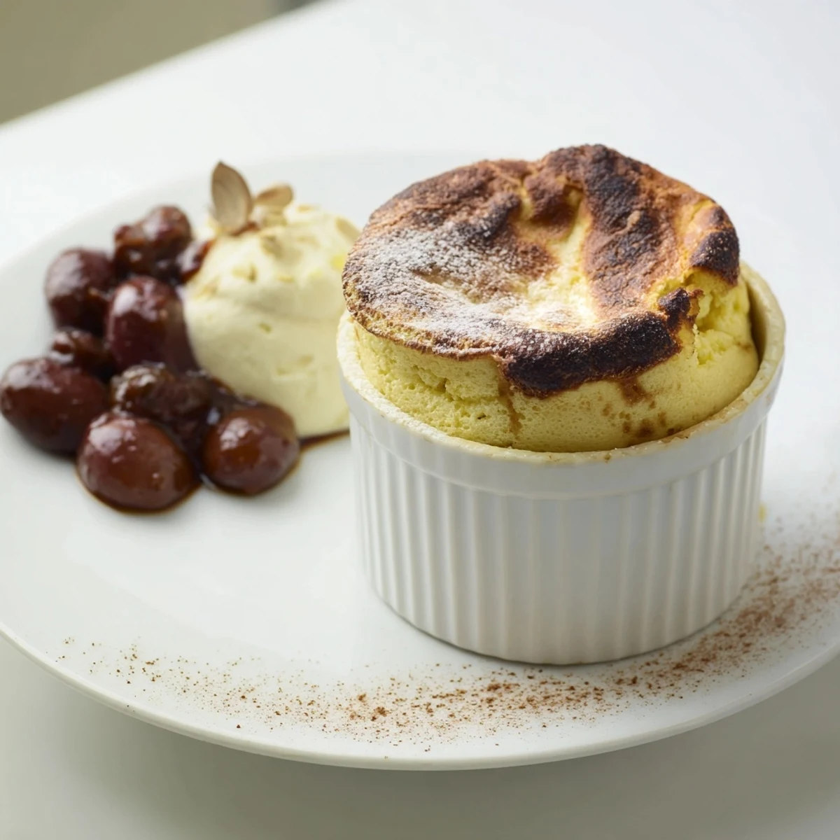 A fluffy Mulled Wine Soufflé, golden brown, served with spiced plums and vanilla cream.