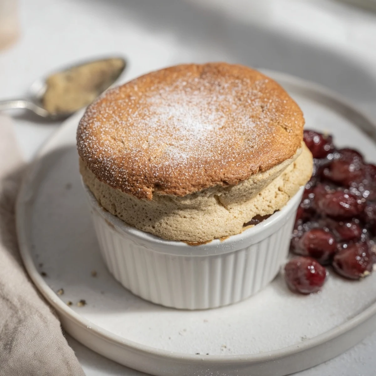 Light, airy Mulled Wine Soufflé with dusting of sugar, showcasing its festive aroma and texture.