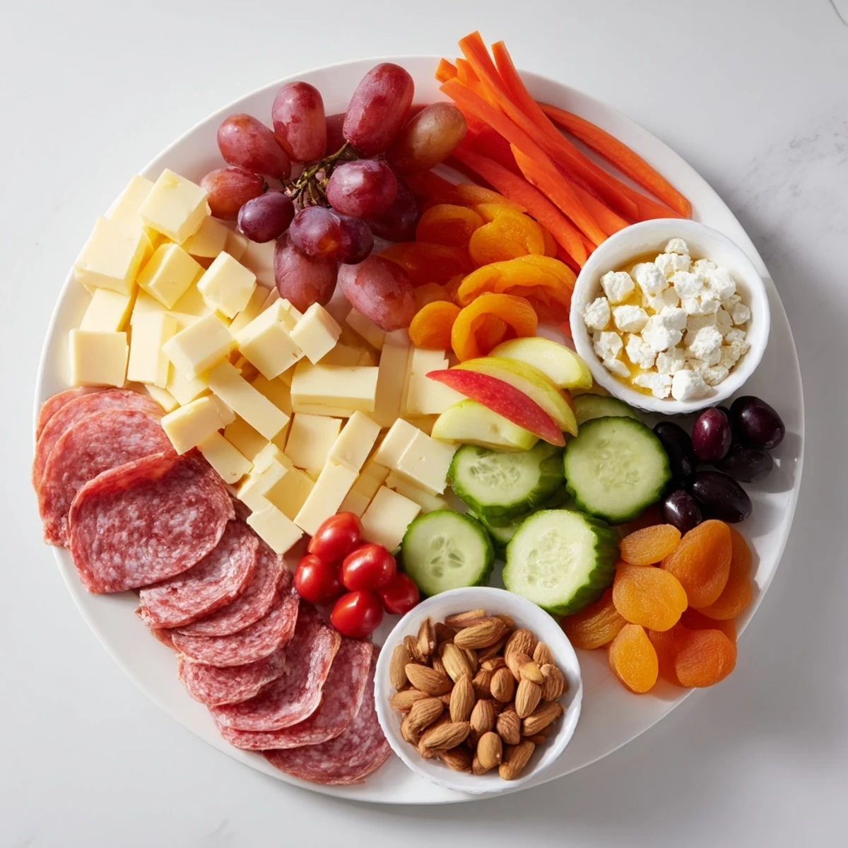 Delicious Picnic Basket Snack Board with grapes, cheese cubes, and salami slices for a quick appetizer.