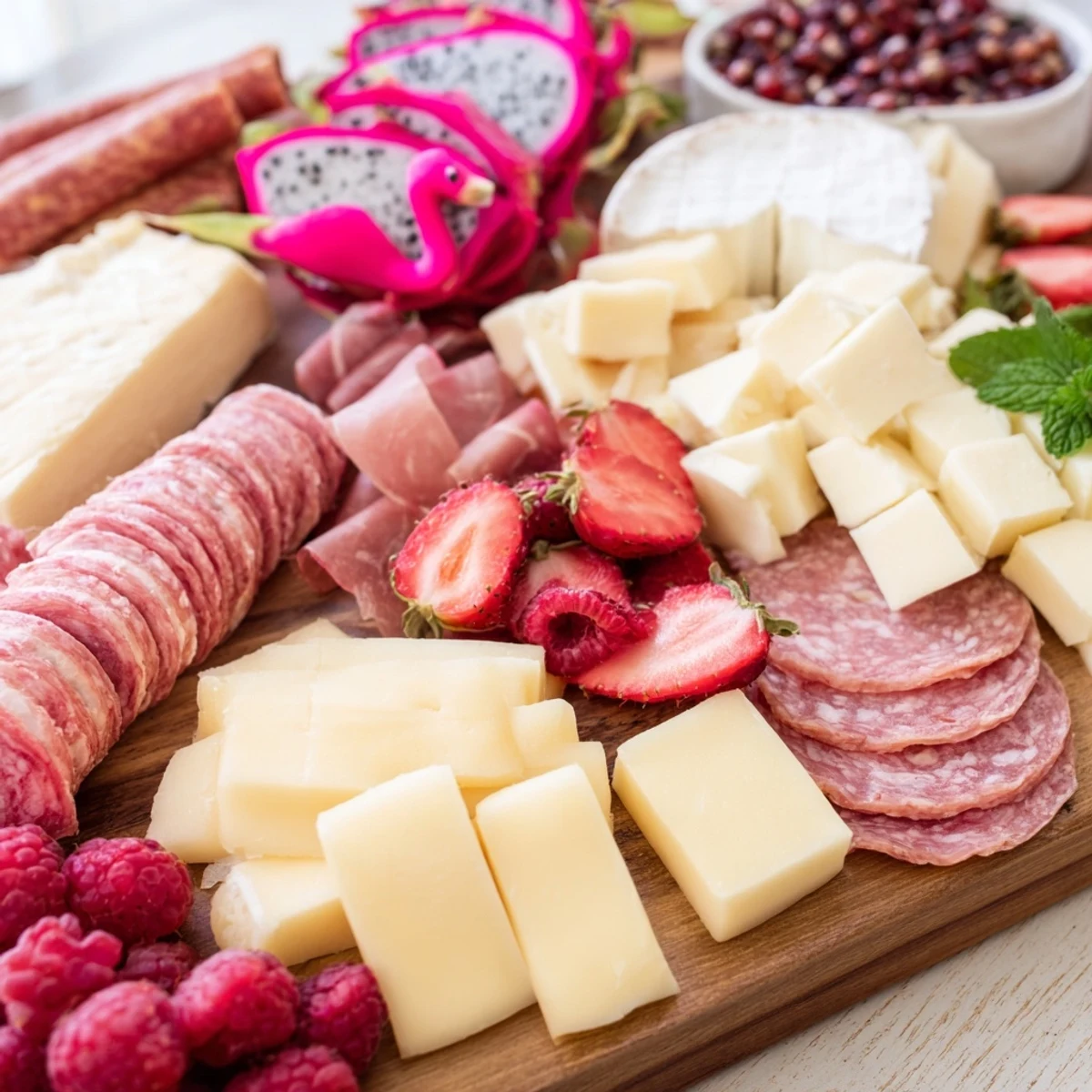 This Flamingo Paradise Board features a gorgeous arrangement of fresh fruits and party-ready savory snacks.