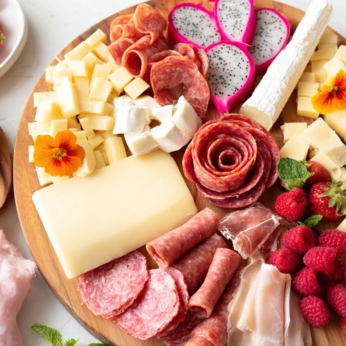 A visually stunning Flamingo Paradise Board with colorful fruits, cheeses, and charcuterie awaiting you.