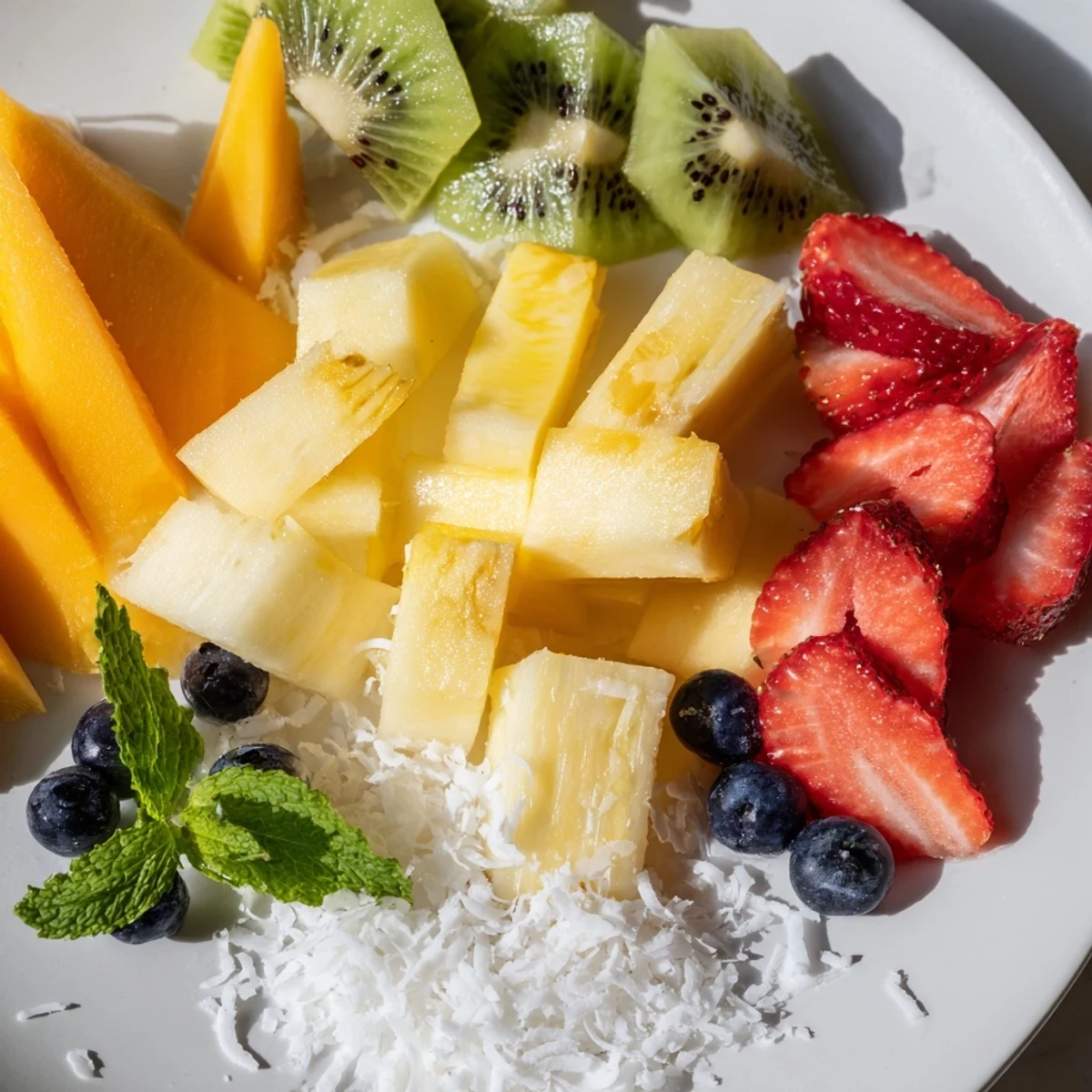Colorful, refreshing tropical pineapple platter featuring juicy pineapple, mango, and berries; a delightful snack.