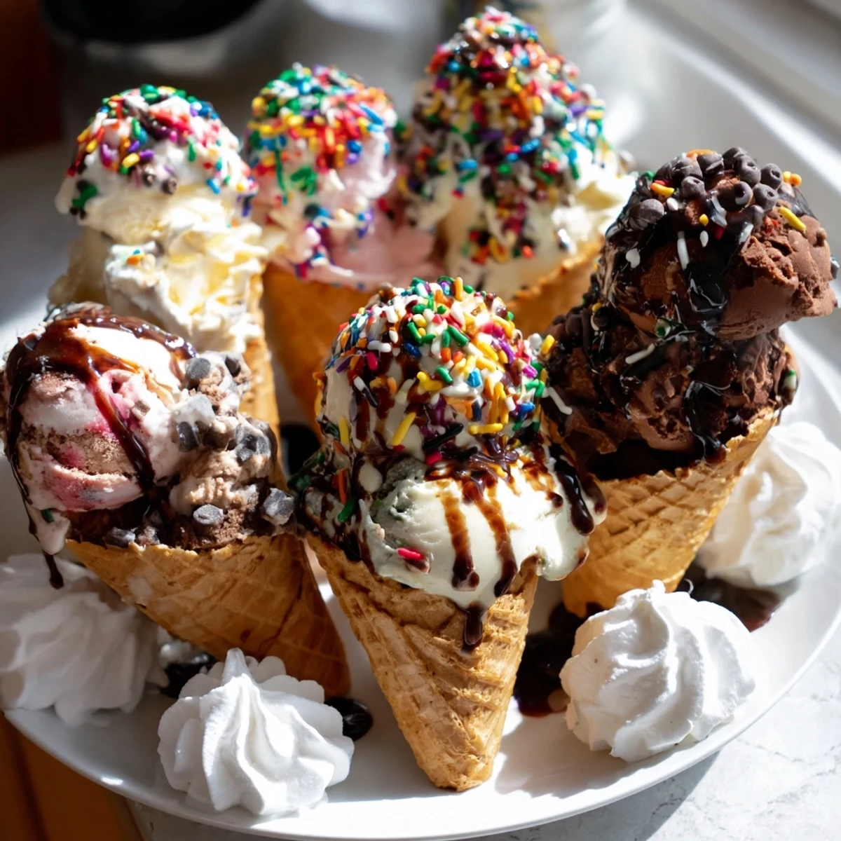 Vibrantly arranged Ice Cream Cone Grazing Board, a delightful assortment of ice cream and colorful extras.