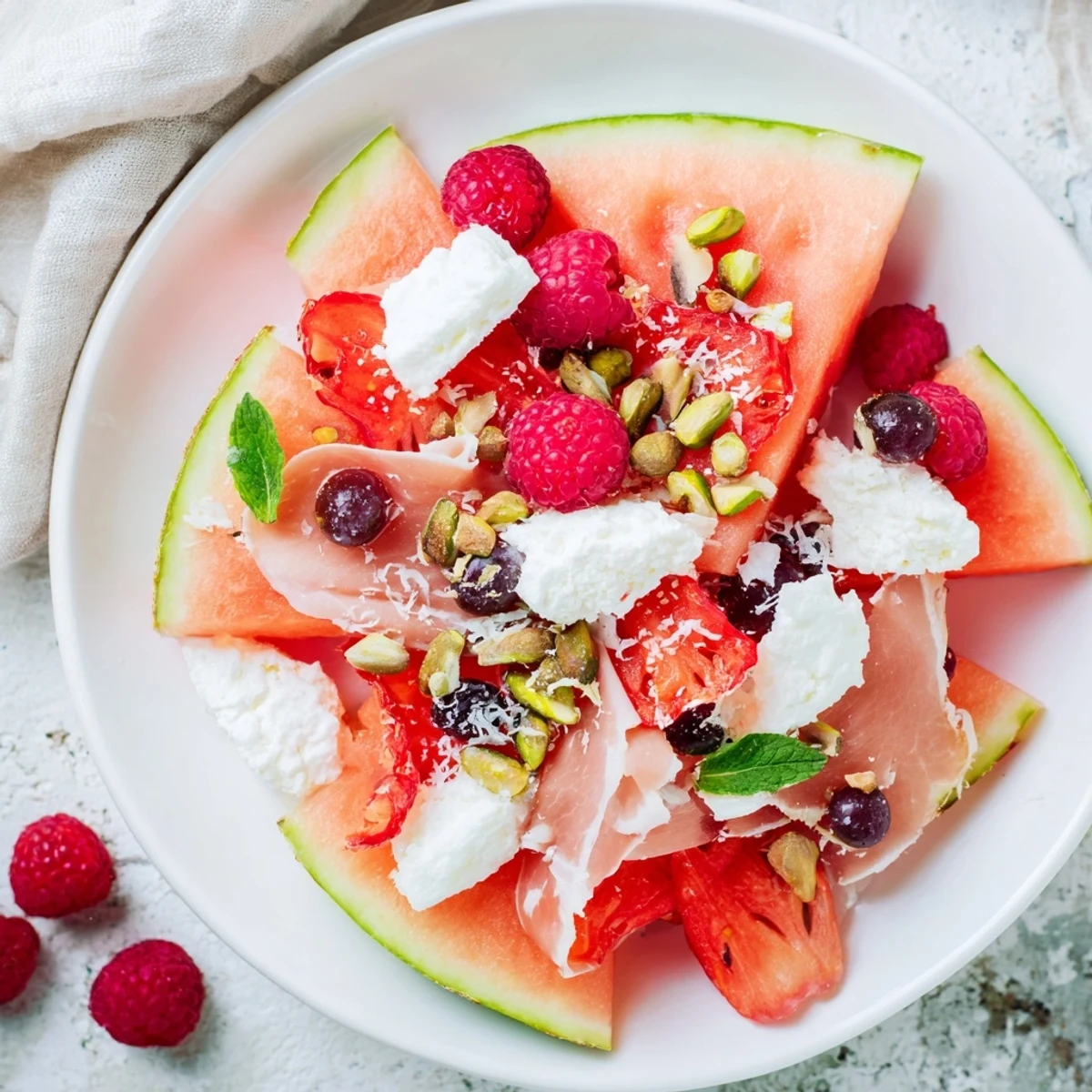 A colorful watermelon slice charcuterie board with fresh fruit, cheese, and nuts.