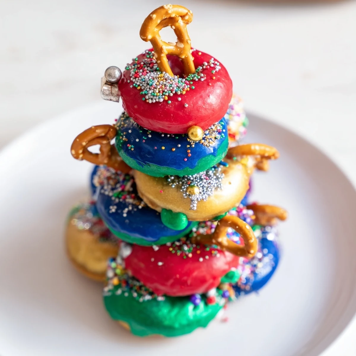 A delicious donut stack Christmas ornament tower, an edible dessert centerpiece sparkling with festive sprinkles.