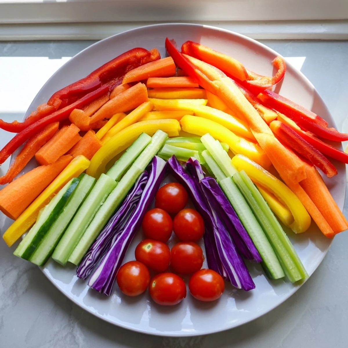 Crisp and colorful Rainbow Arch Bright Veggie Sticks, beautifully arranged, offering a delicious, visual treat.