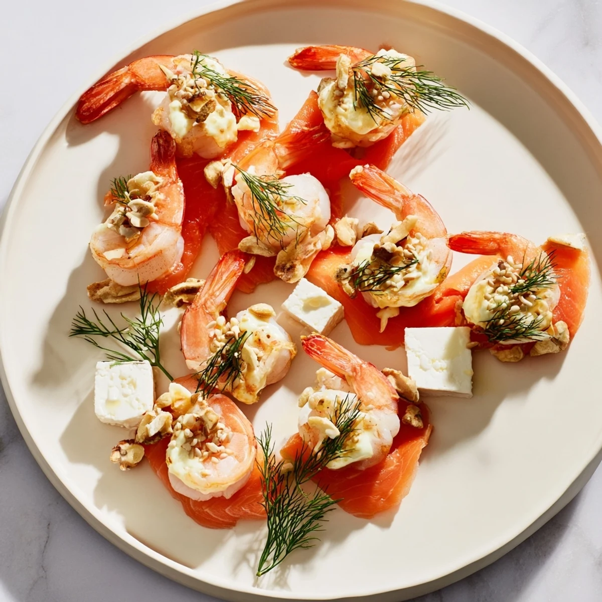 A colorful Wave Rider Surfer Snack Board with salmon, shrimp, and fresh fruit, ready to enjoy.