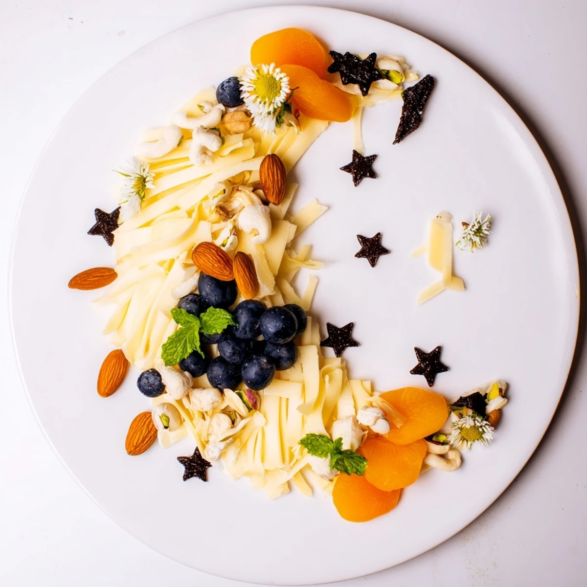 This delicious Crescent Moon Midnight Snack Board showcases an array of fruits, nuts, and cheeses for easy entertaining.