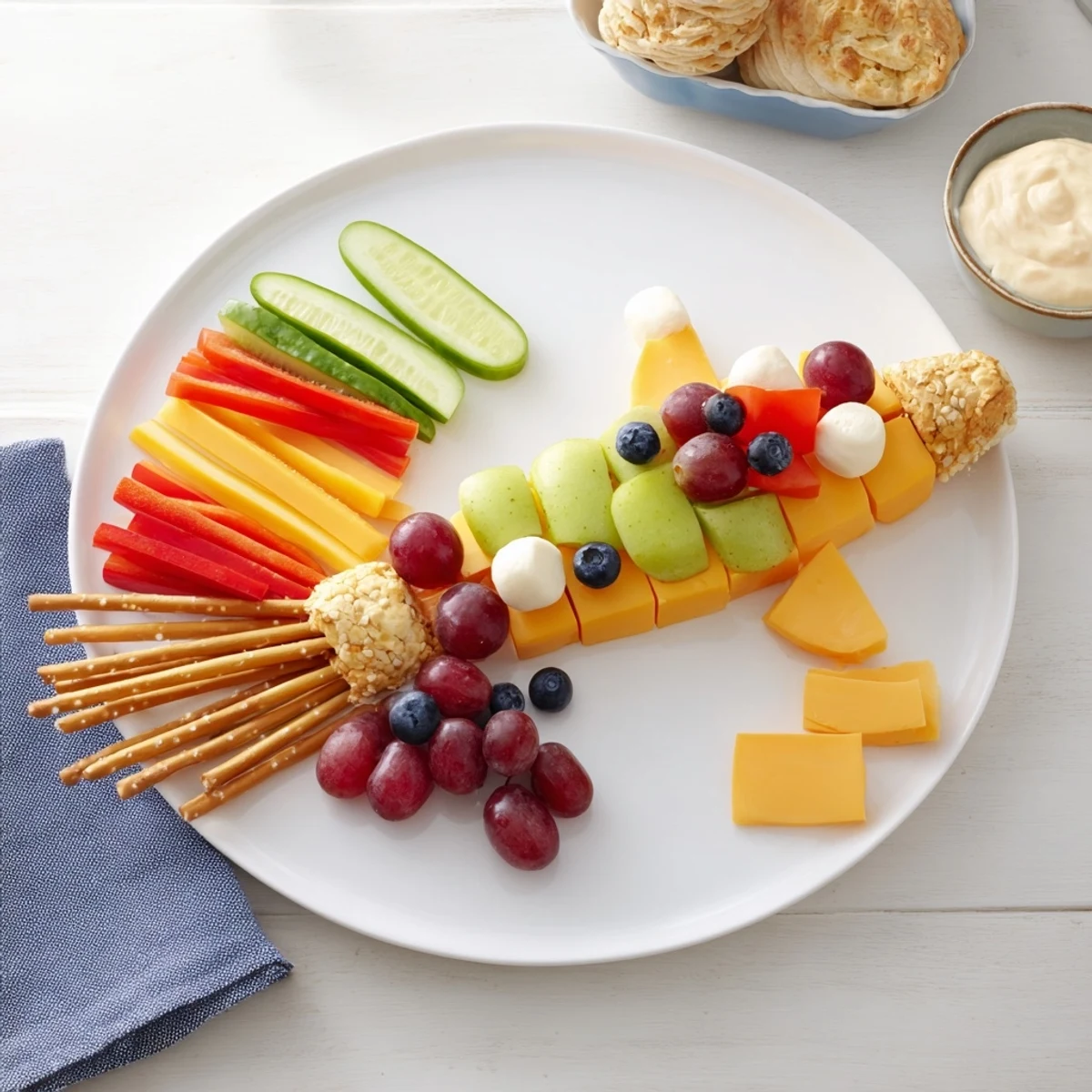 A fun Spaceship Launch Snack Board, vibrant with red grapes and crunchy pretzel rocket boosters.