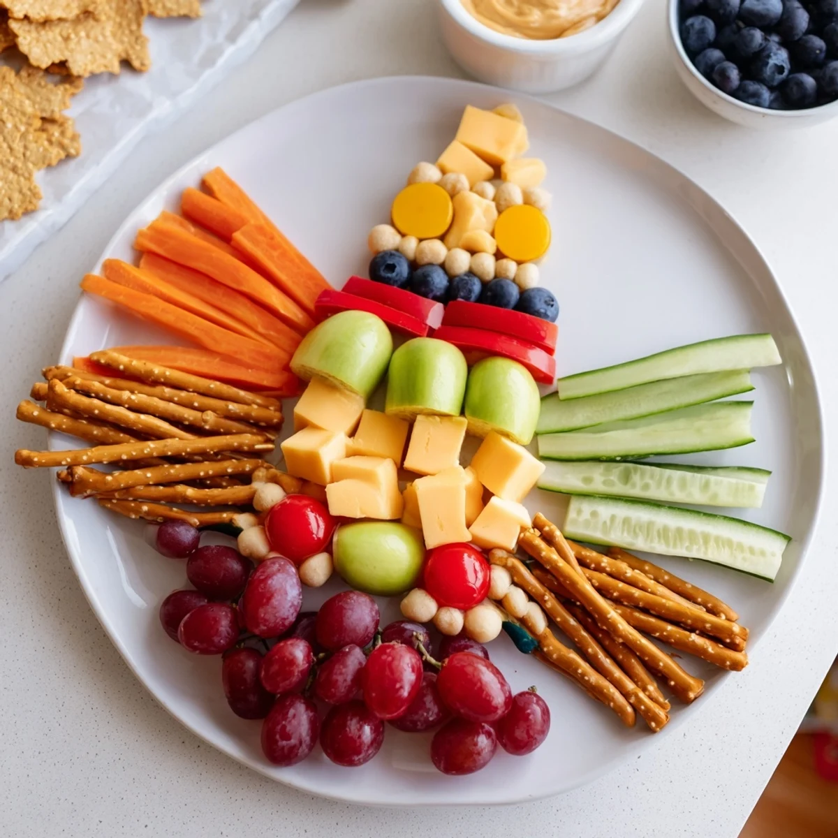 Imagine a delicious Spaceship Launch Snack Board, a party-ready arrangement of snacks like crackers and grapes.