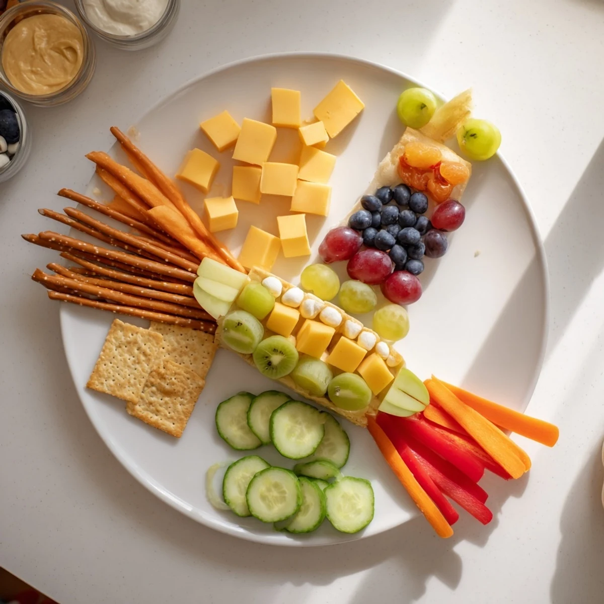 This colorful Spaceship Launch Snack Board features cheeses, fruits, and veggies arranged playfully on a platter.