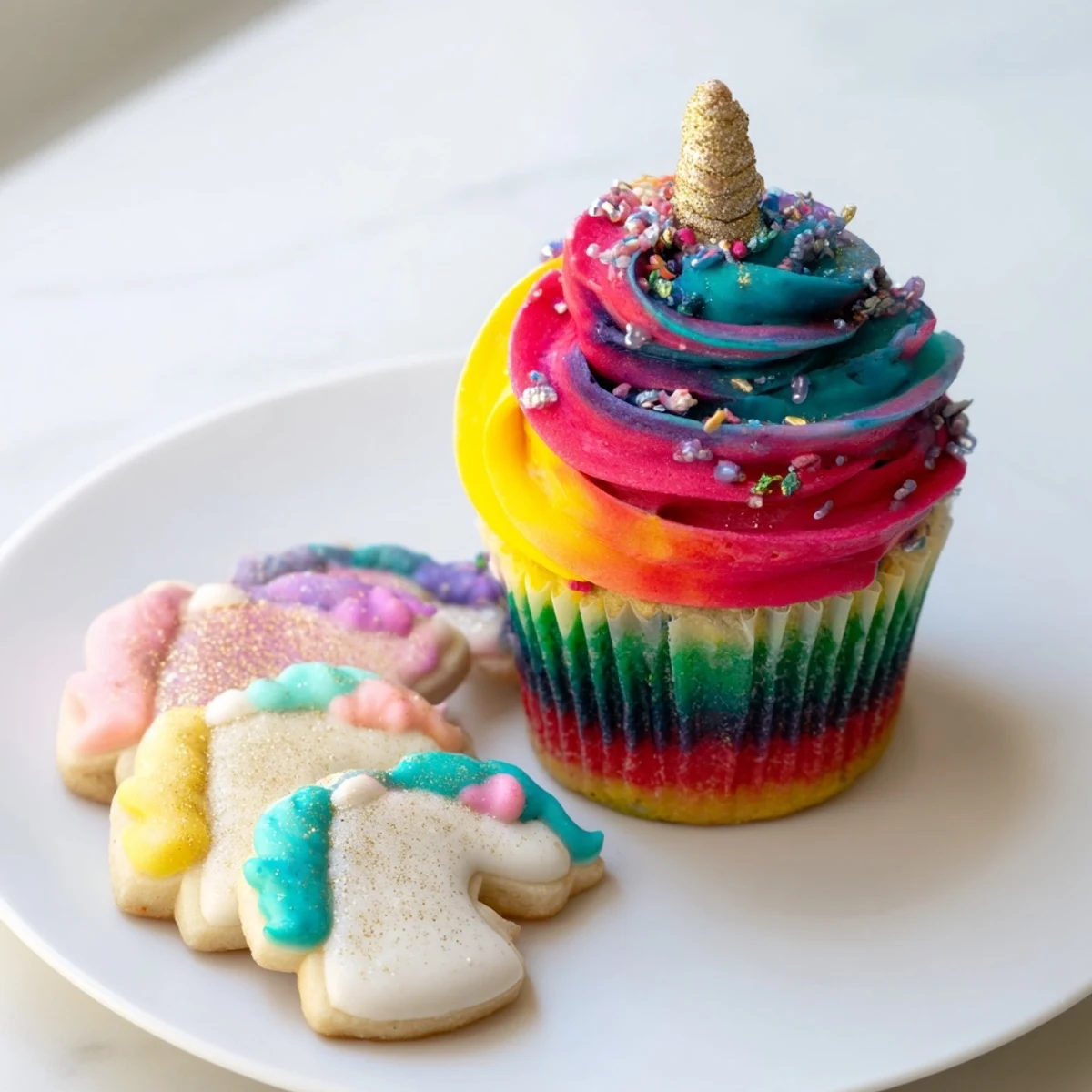 A vibrant shot of a Magical Unicorn Dessert Table overflowing with colorful treats.