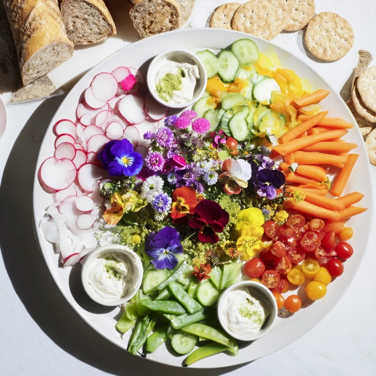 This vibrant Fairy Garden Platter displays colorful edible flowers and crunchy vegetables, ready to eat.