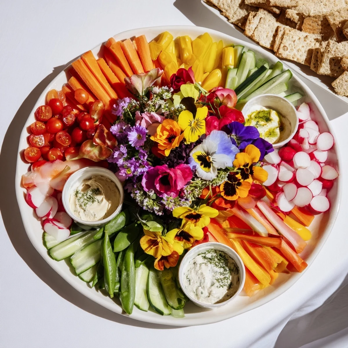 A colorful Fairy Garden Platter with edible flowers, fresh vegetables, and creamy dips arrangement.