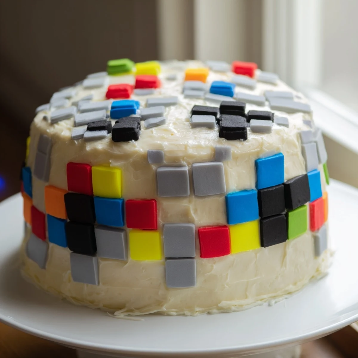 A pixelated, vibrant video game controller cake, a delicious dessert for gamers.