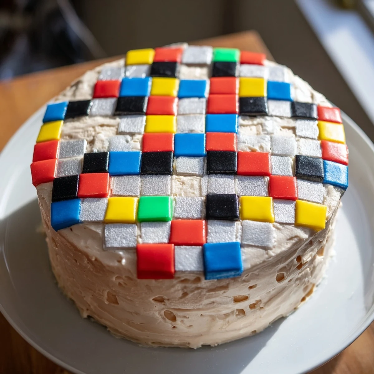 This fun video game controller cake features a smooth fondant exterior with pixelated details.