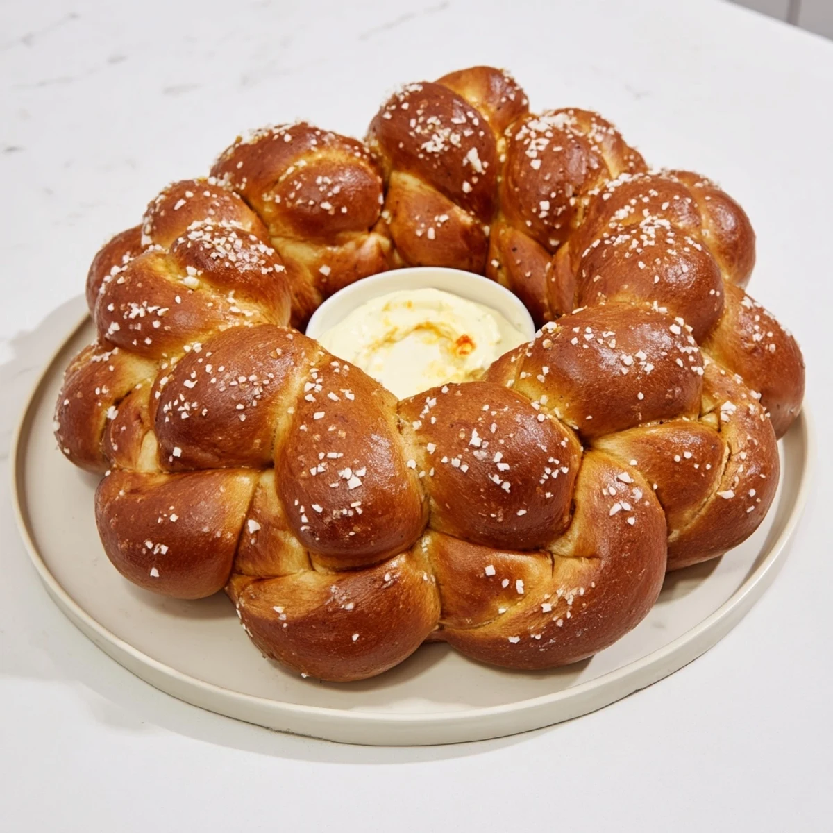 Golden-brown pretzel wreath dip ring, perfect for dipping into a bubbly, cheesy spinach dip.