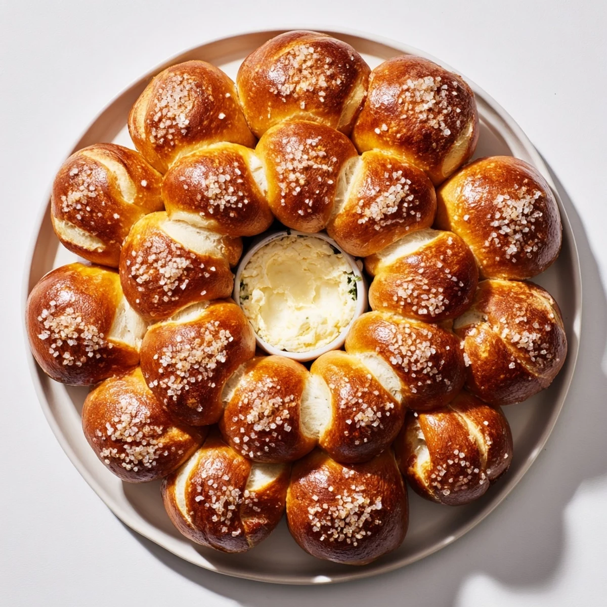 A close-up shot of a warm, inviting pretzel wreath dip ring, ready to be enjoyed.