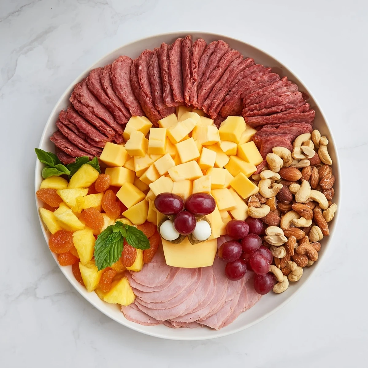 Lion King savory meat and cheese platter with vibrant fruits and savory meats, perfect appetizer.