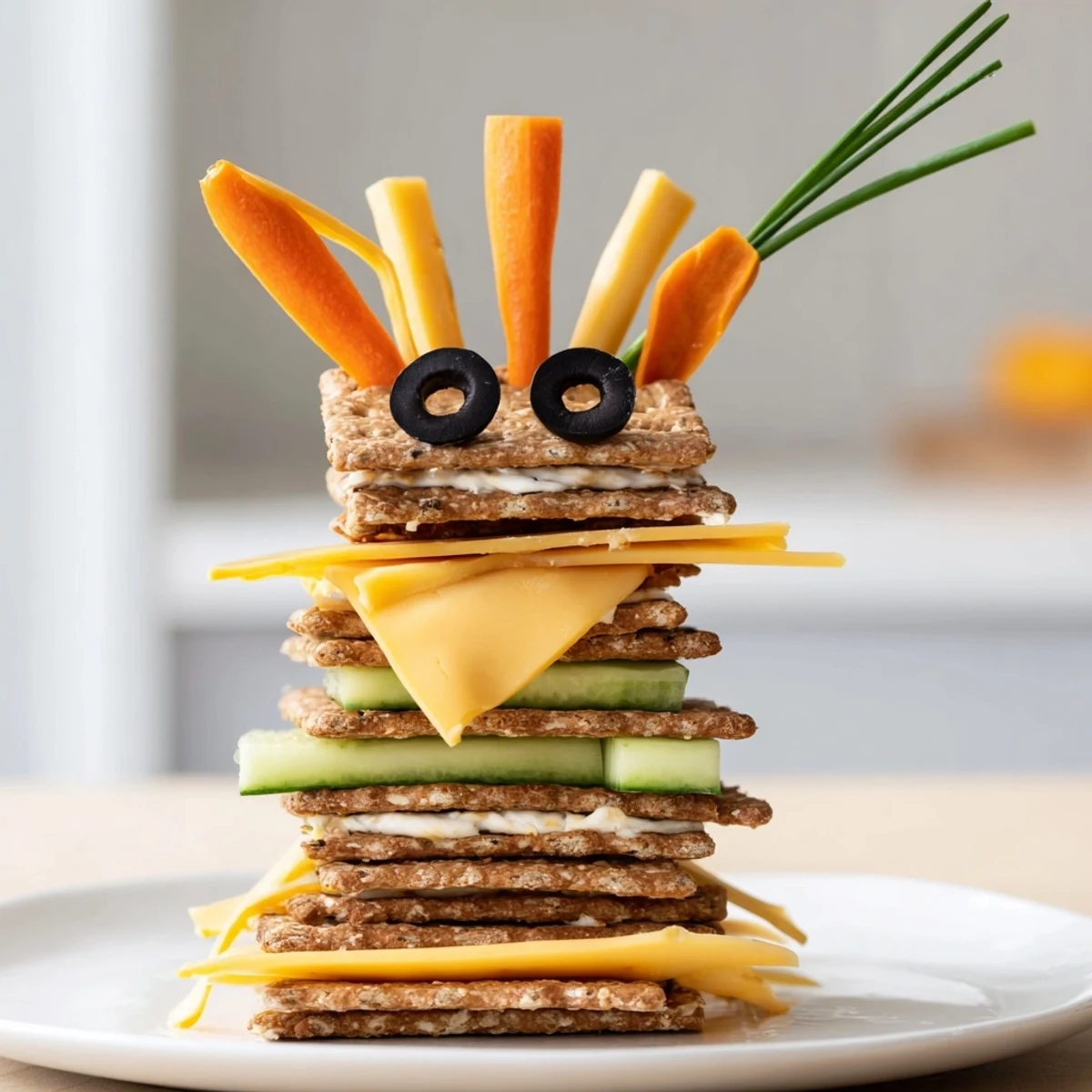 Giraffe Tall Cracker Stack featuring colorful layers of cheese, veggies, and crackers, a playful snack.