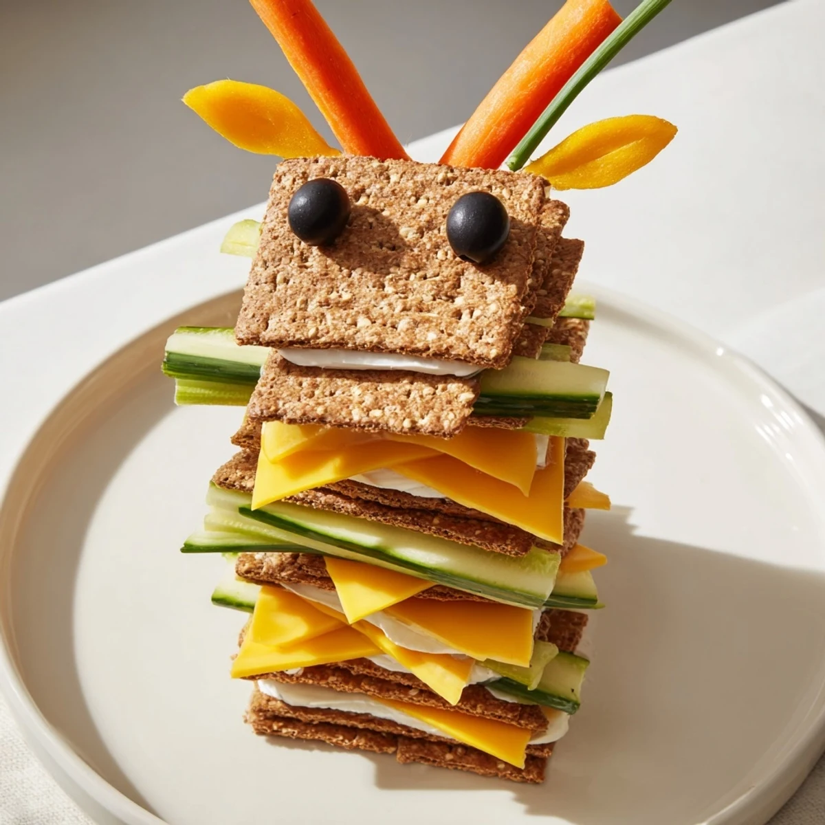 Stacking high, a fun Giraffe Tall Cracker Stack snack is ready to serve for a colorful lunch.