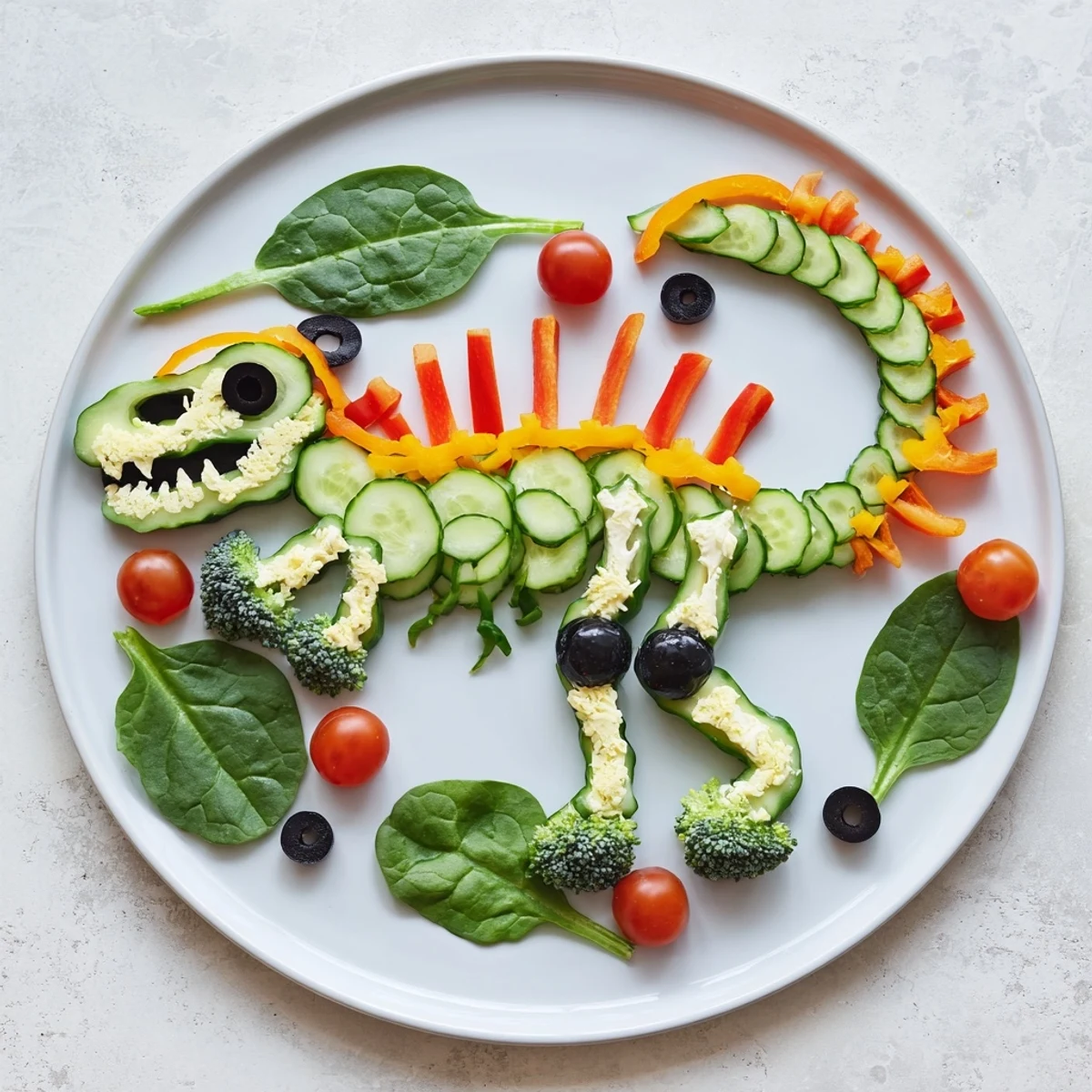 Vibrant T-Rex Fossil Crudités platter: a playful healthy appetizer with colorful vegetables and creamy dip.