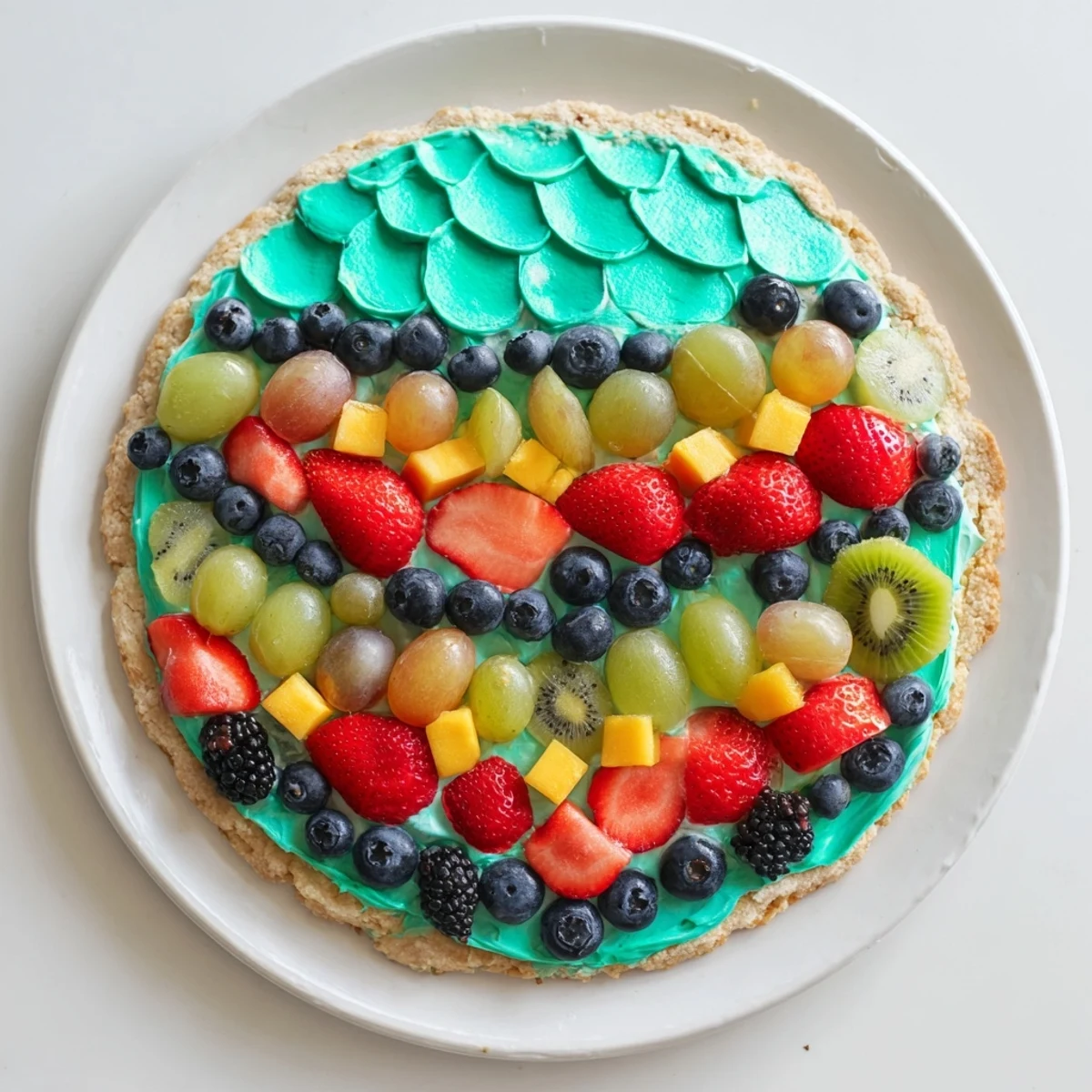 Vibrant Under the Sea: Mermaid Tail Fruit Pizza, with colorful fruit scales on a sugar cookie crust.