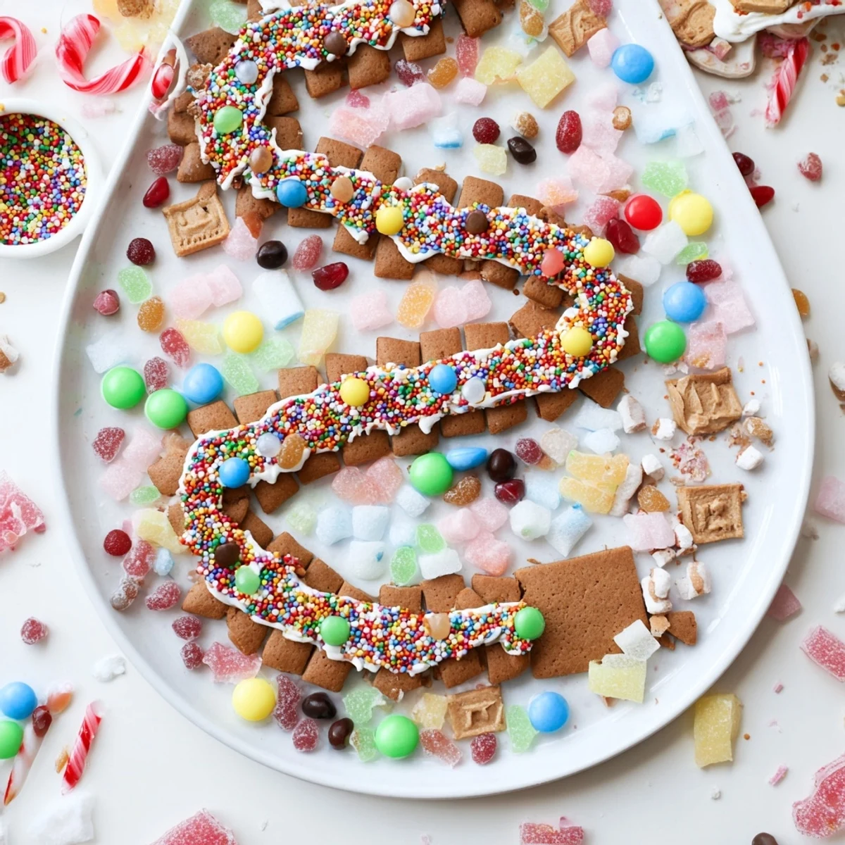 Candy Land Gingerbread Path dessert board with a gingerbread path and colorful candies.