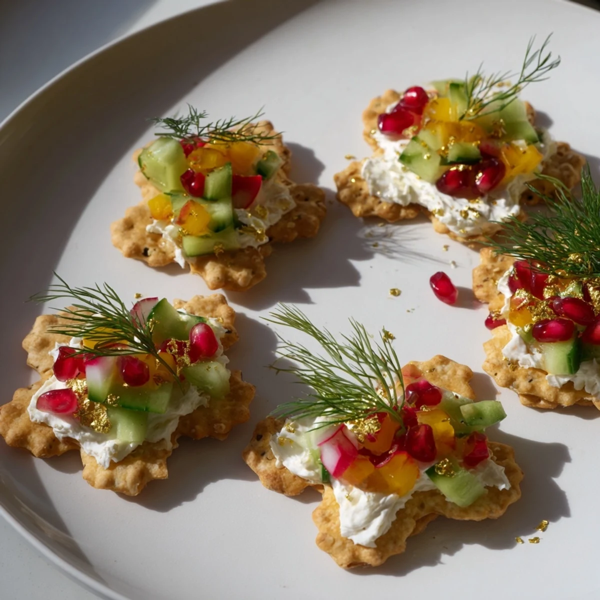 Festive ornament-shaped cracker toppings with colorful bell peppers, ideal for the holiday season appetizer.