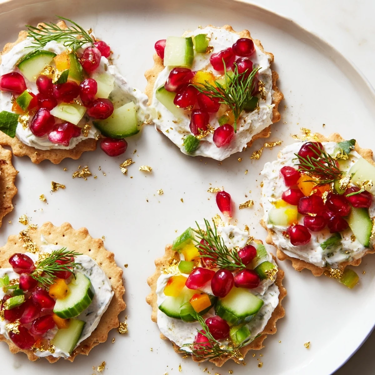 Vibrant cracker appetizers: A close-up of the delicious ornament-shaped cracker toppings, ready to enjoy.