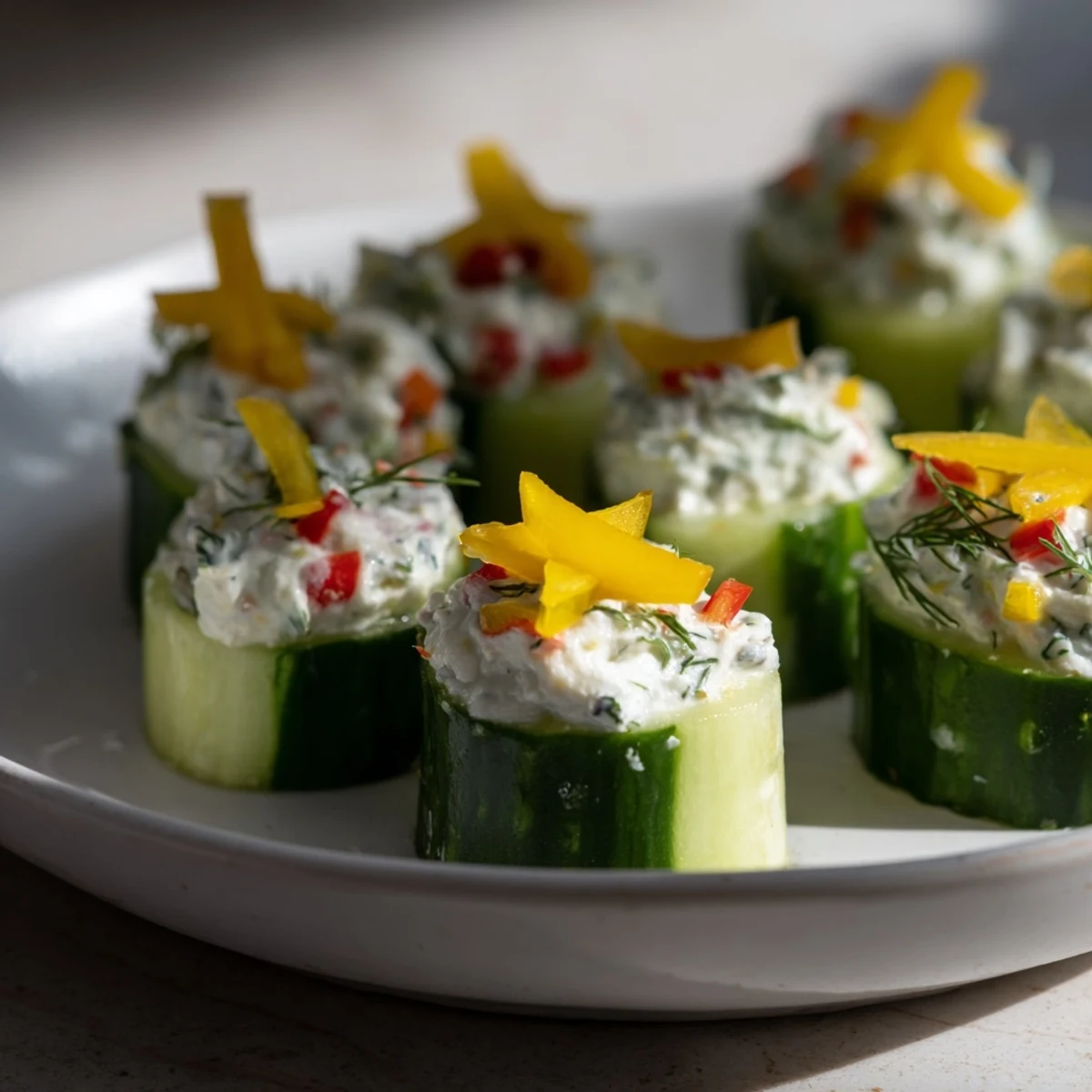 Holiday star cucumber bites arranged on a platter with vibrant red, yellow pepper, and dill toppings.